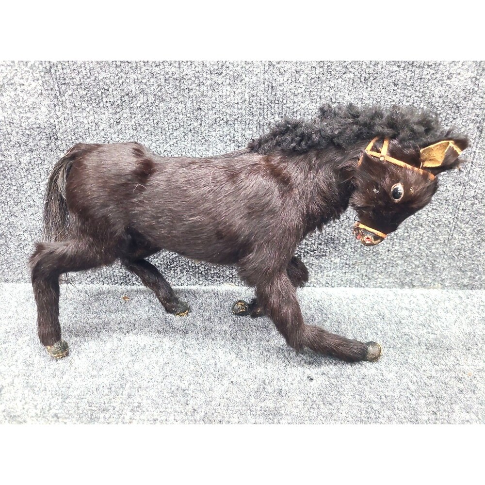 Rare Antique Brown / Black Glass Eyes, Real Fur & Wool Horse 12" X 8" X 3"